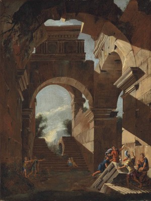 An architectural capriccio with figures amongst ruins